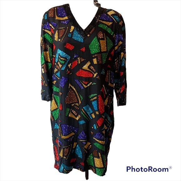 Vintage OLEG CASSINI Black Tie 100% Silk beaded Dress size 4 - Picture 3 of 17